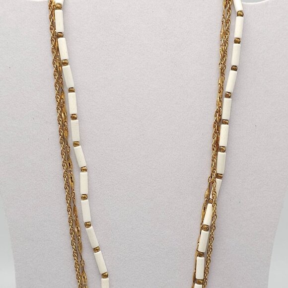 Vintage Gold White Acrylic Multi-Strand Necklace With Tassel Pendant - Picture 6 of 7